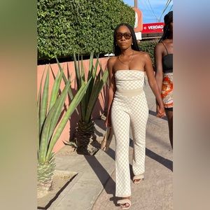 Cream checkered 2 piece pant set